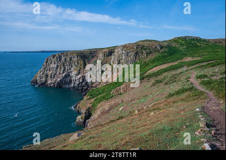 Blick von der High Cliff im South Harbour auf Skomer Island, Pembrokeshire, Wales, mit Blick nach Süden in Richtung Skokholm Island. Stockfoto