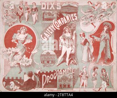 Dix's Gaiety Company: Programm Theatre Royal Wellington, Neuseeland. 1901-02. Rote und grüne Deckschicht, rot und grün gefärbt. Design von P. McIntyre. Zeigt Arrangement von Bildern weiblicher Darstellerinnen in Kostümen, mit Einsätzen von Theatre Royal, Wellington, Neuseeland; Opera House, Christchurch, Neuseeland, Alhambra Theatre, Dunedin und City Hall Auckland, Neuseeland Stockfoto