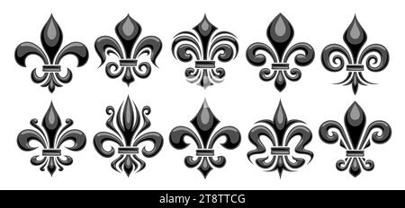 Vektor Fleur de Lis Set, horizontales Banner mit Lotsammlung von 10 ausgeschnittenen Illustrationen der Sorte monochrome Fleur de Lis Lilie, Gruppe von vielen Vari Stock Vektor