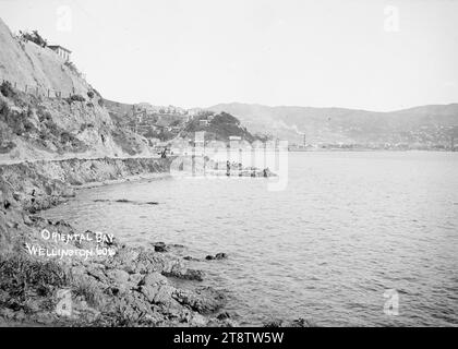 Oriental Bay, Wellington, Neuseeland, Blick von der Oriental Parade mit Carlton Gore Road auf der linken Seite und Lambton Harbour auf der rechten Seite, Blick auf die Stadt und die Vororte in den Hügeln in der Ferne. Kinder stehen auf dem felsigen Uferstreifen in der Mittelweite. Ein Haus mit Blick auf die Oriental Bay (an der Carlton Gore Road) ist oben links zu sehen. In der Ferne befinden sich Häuser, die sich im Bau auf der Oriental Parade befinden. Ein großes Schild mit der Werbung "Nelson Teas?" Man kann auf dem Hügel in der Mitte in der Nähe der im Bau befindlichen Häuser sehen. Stockfoto