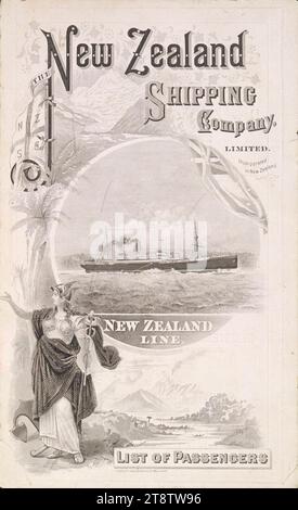 New Zealand Shipping Company Limited: New Zealand Line. Liste der Passagiere. Abdeckung. CA 1910?, zeigt in der Mitte ein Dampfschiff mit einem Porträt einer Göttin mit geflügeltem Helm, die einen Stab mit Schlangen und Adlerkopf trägt. Oben links ist die Flagge des Unternehmens zu sehen, oben ein Berg und unten eine Seeszene Stockfoto