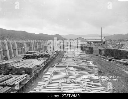 Ellis & Burnand's Holzhof und Furnierfabrik in Manunui, Ellis & Burnand's Holzhof in Manunui. Zeigt das Furnierwerk im mittleren Abstand an. Zwischen 1908 und 1915 Stockfoto