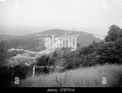 Landschaft in Titirangi, mit einheimischem Busch, Blick auf Titirangi von einem hohen Aussichtspunkt. In der Mitte befindet sich ein Haus auf einem Hügel mit einer Straße, die durch gerötete einheimische Wälder führt. Anfang der 1900er Jahre Stockfoto