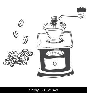 Handgezeichnete Zeichnung einer manuellen Kaffeemühle mit Schriftzug Kaffeemühle. Im Doodle-Stil, schwarze Umrisse Stock Vektor