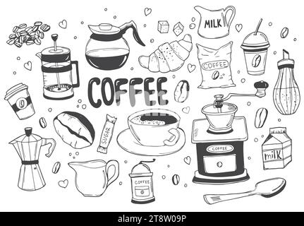 Set mit Kritzeleien, handgezeichnete, grobe, einfache Skizzen, verschiedene Kaffeesorten, Zutaten und Geräte für die Kaffeezubereitung. Vektor isoliert auf weißem Hintergrund Stock Vektor
