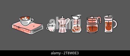 Set aus Kaffeeelementen, Wasserkocher, Tasse und Tassen. Trendigende Vektorbilder für Cafés und Restaurantmenüs. Handgezeichnetes Café-Design Stock Vektor