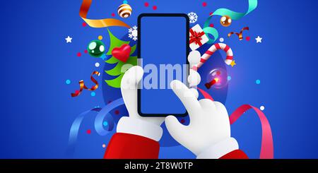 Der Weihnachtsmann hält das Smartphone mit Weihnachtsdekoration. Vektorabbildung Stock Vektor