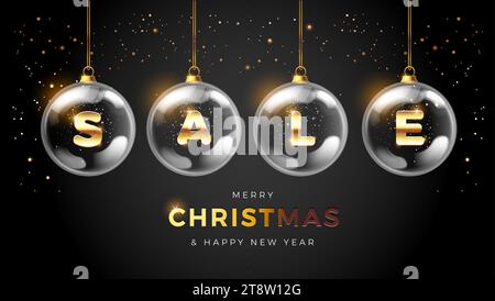 Luxuriöses Vorlagenbanner für Weihnachtsangebote. Weihnachtsdesign mit schwarzem Hintergrund und Verkaufstext auf der Innenseite der transparenten Weihnachtskugeln, glitzerndes goldenes Konfetti fliegen Stock Vektor