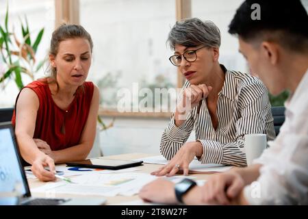 Geschäftsfrau diskutiert Projekt mit Kollegen Stockfoto
