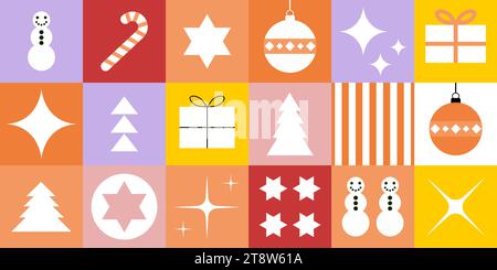 Weihnachtsdesign für Geschenkpapier. Frisches Weihnachtsmuster – nahtlose Fliesen mit süßen geometrischen Motiven im Cartoonstil. Gelb, orange, rot und Stock Vektor
