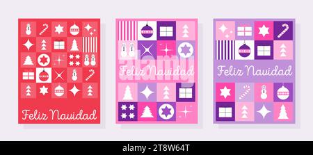Feliz Navidad – drei Weihnachtskarten in spanischer Sprache. Modernes Weihnachtsgrüßdesign in Rot, Pink und Lila. Stock Vektor