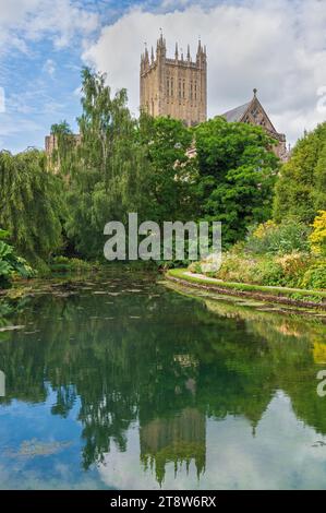 Sie werden auf dem Gelände des Bischofspalastes in Wells, Somerset England, Vereinigtes Königreich, gezeigt, wie sich die Kathedrale in einem der Pools im Wells Garden spiegelt Stockfoto