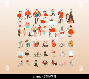 Hand gezeichnete Vektor abstrakte Cartoon Frohe Weihnachten und Happy New Year Clipart Illustrationen Elemente mit Katze, Hund und Menschen Charaktere gesetzt. Merry Stock Vektor