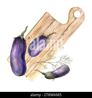 Komposition mit Auberginen und einem braunen Küchenschneidebrett. Isoliert auf weißem Hintergrund. Handgezeichnete Aquarellillustration. Stockfoto