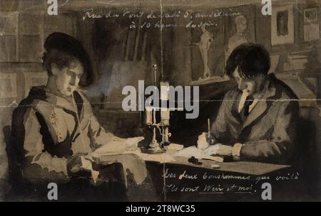 Albert Edelfelt, 21.7,1854, Kiiala Manor, Gemeinde Porvoo, 18.8,1905, Haikko, Gemeinde Porvoo, Julien Alden Weir und Albert Edelfelt im Studio 5 Rue du Pont de Lodi, Paris, 1874 - 1875, 12 x 18,5 cm, Sepia, Aquarelle Stockfoto