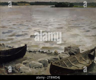Akseli Gallen-Kallela, 26.4,1865, Pori, 7,3.1931, Stockholm, Schweden, Boote am Ufer, 1884, 31,5 x 40 cm, Öl Stockfoto