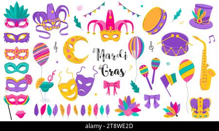 Mardi Gras Karneval Clipart. Design-Kollektion für brasilianische Festivals. Masken mit Federn, Witz, Fleur de Lis, Trommel, Partydekoration, Comedy und Trage Stock Vektor