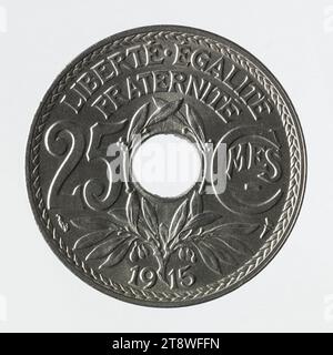 Münze von 25 Centimes in Nickel der III. Republik, 1915, Lindauer, Edmond-Emile, Gravierer in Medaillen, Array, Numismatisch, Monnaie, Paris, Durchmesser: 2,4 cm, Gewicht (Typengröße): 5,02 g Stockfoto