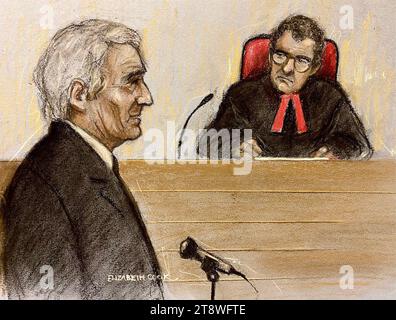 Der Entwurf des Hofkünstlers von Elizabeth Cook von Sir James Dyson, der an den Royal Courts of Justice in London für seinen Verleumdungsprozess gegen Mirror Group Newspapers auftrat. Der Ingenieur verklagt den Verleger des Daily Mirror wegen eines artikels, der im Januar 2022 veröffentlicht wurde, von dem er sagte, er habe ihn diffamiert. Bilddatum: Dienstag, 21. November 2023. Stockfoto
