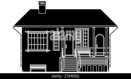 Schwarze Silhouette eines einstöckigen Hauses mit Veranda und Bänken isoliert auf weißem Hintergrund. Vektor-Clipart. Stockfoto