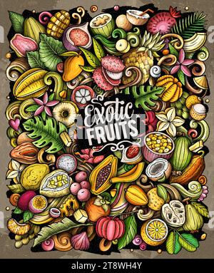 Exotische Früchte Karikaturvektorkritzelillustration. Tropische Lebensmittelelemente und Objekte Hintergrund. Leuchtende Farben lustiges Bild. Alle Elemente sind getrennt Stock Vektor