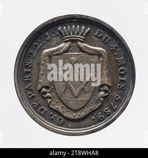 Freimaurer-Token, Friends of Peace Lodge, NAR, Medaillengravur, 1789, 4. Viertel des 18. Jahrhunderts, Numismatisch, Token (numismatisch), Zinn, Maße - bearbeitet: Durchmesser: 2,9 cm, Gewicht (Typenmaß): 8,5 g Stockfoto