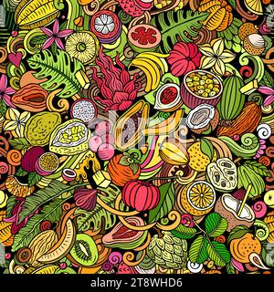 Comic-Vektor-Kritzeleien zum Thema exotische Früchte nahtloses Muster zeigt eine Vielzahl tropischer fruchtiger Objekte und Symbole. Skurril verspielt c Stock Vektor