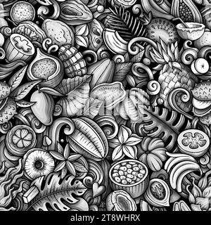Cartoon Vektor-Kritzeleien zum Thema exotische Früchte nahtlose Muster enthält eine Vielzahl von tropischen fruchtigen Objekten und Symbolen. Skurril verspielt m Stock Vektor