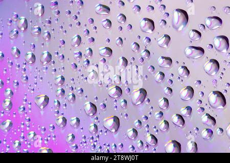 Wassertropfen verschiedener Größen Nahaufnahme Makro auf violettem abstrakten Hintergrund Stockfoto