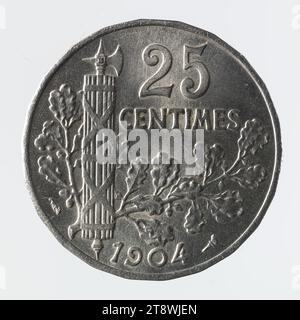 Münze von 25 Centimes in Nickel der III. Republik, 1904, Patey, Henri Auguste Jules, Gravierer in Medaillen, Array, Numismatisch, Monnaie, Paris, Durchmesser: 2,4 cm, Gewicht (Typenabmessung): 7,03 g Stockfoto