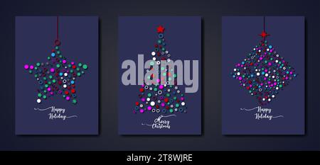 Set blaue Karte von Frohe Weihnachten und Happy Holiday, Grußkarten, Poster, Neujahrsumschläge. Entwerfen Sie Vorlagen mit Typografie, Saisonfarben Stock Vektor