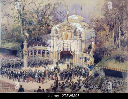 Ankunft von Zar Nikolaus II. Und Czarina Alexandra Feodorovna am Bahnhof auf dem Ranelagh Rasen, 6. Oktober 1896, Scellier de Gisors, Louis Henri Georges, Zeichner, 6-10-1896, Zeichnen, Grafik, Zeichnen, Höhe: 32 cm, Breite: 44 cm Stockfoto