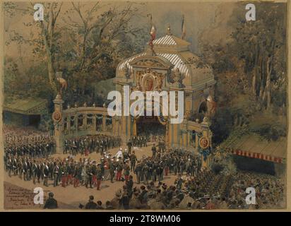 Ankunft von Zar Nikolaus II. Und Czarina Alexandra Feodorovna am Bahnhof auf dem Ranelagh Rasen, 6. Oktober 1896, Scellier de Gisors, Louis Henri Georges, Zeichner, 6-10-1896, Zeichnen, Grafik, Zeichnen, Höhe: 32 cm, Breite: 44 cm Stockfoto