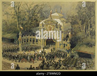 Ankunft von Zar Nikolaus II. Und Czarina Alexandra Feodorovna am Bahnhof auf dem Ranelagh Rasen, 6. Oktober 1896, Scellier de Gisors, Louis Henri Georges, Zeichner, 6-10-1896, Zeichnen, Grafik, Zeichnen, Höhe: 32 cm, Breite: 44 cm Stockfoto