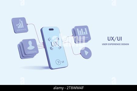 Design mobiler Anwendungen. Smartphone-Modell mit aktiven Blöcken und Verbindungen. Erstellung der Benutzeroberfläche. Stock Vektor