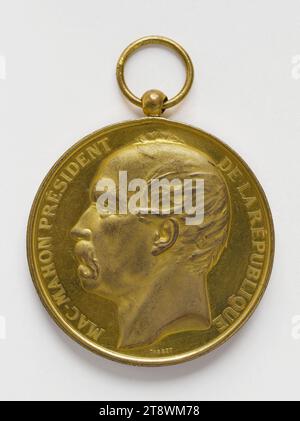 Ehrenmedaille der nationalen Gesellschaft für Schießereien der französischen Gemeinden mit dem Bildnis von Patrice de Mac Mahon, Graf von Mac Mahon, Herzog von Magenta (1808-1893), Marschall von Frankreich, Präsident der Französischen Republik (1873-1879), nach 1873 Tasset, Ernest, Graviermeister in Medaillen, nach 1873, Numismatisch, Medaille, Durchmesser: 5,1 cm, Gewicht (Typengröße): 52,36 g Stockfoto