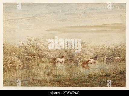 Wilde Pferde in der Camargue, Ziem, Félix, Maler, 2. Hälfte des 19. Jahrhunderts, Zeichnen, Grafik, Zeichnen, Aquarell, Papier, Höhe: 22,2 cm, Breite: 32,4 cm Stockfoto