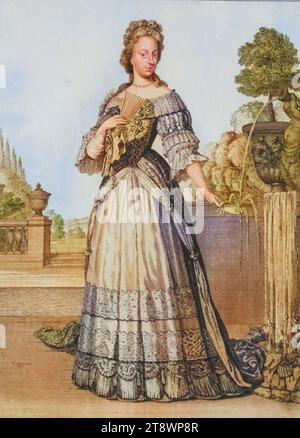 Tracht, Bekleidung, Archidux Austria, Maria Josepha, Maria Anna Josepha von Österreich (30. Dezember 1654 bis 14. April 1689) war eine Erzherzogin von Österreich, Kupferstich von Caspar Luyken von 1703, digital restaurierte Reproduktion von einer Vorlage aus dem 18. Maria Josepha, Maria Anna Josepha von Österreich (30. Dezember 1654 bis 14. April 1689) war eine Erzherzogin von Österreich, Kupferstich von Caspar Luyken von 1703, digital restaurierte Reproduktion eines Originals aus dem 18. Jahrhundert Stockfoto