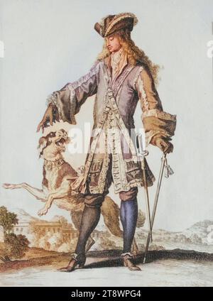 Tracht, Bekleidung, Jäger mit Jagdhund, 1703, Kupferstich von Caspar Luyken von 1703, digital restaurierte Reproduktion von einer Vorlage aus dem 18. Jahrhundert / Tracht, Kleidung, Jäger mit Jagdhund, 1703, Kupferstich von Caspar Luyken aus dem Jahr 1703, digital restaurierte Reproduktion eines Originals aus dem 18. Jahrhundert Stockfoto