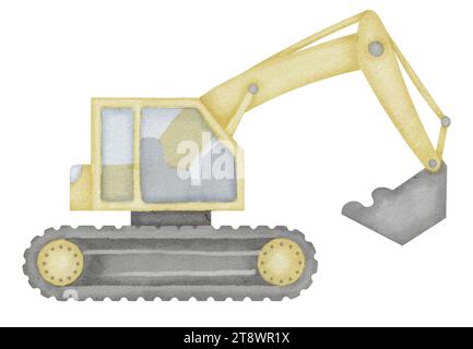 Aquarellabbildung des Baggers. Handgezeichneter Clip-Art des Babyspielzeugs gelb Digger auf isoliertem Hintergrund. Zeichnung der Baggerlader. Skizze eines Laderladers für Bau und Graben. Stockfoto