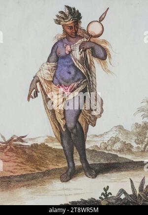 Tracht, Bekleidung Westindianische Königin, Indianer, Amerika, Häuptlingsfrau, beim Tanz, um 1700, Kupferstich von Caspar Luyken von 1703, digital restaurierte Reproduktion von einer Vorlage aus dem 18. Jahrhundert / Tracht, Kleidung einer westindischen Königin, Indianer, Ehefrau des Häuptlings, bei einem Tanz, um 1700, Kupferstich von Caspar Luyken aus dem Jahr 1703, digital restaurierte Reproduktion eines Originals aus dem 18. Jahrhundert Stockfoto