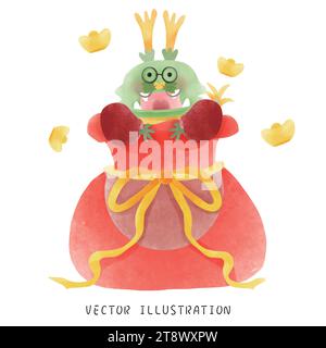 Handgefertigter Aquarelldrache für das verheißungsvolle Neujahrsfest 2024 Stock Vektor