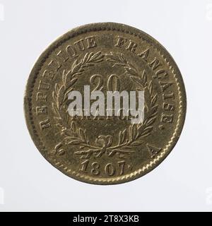 20 Napoleon-Francs, 1807, Droz, Jean-Pierre, Gravierer in Medaillen, Array, Numismatik, Währung, Paris, Abmessungen - Werk: Durchmesser: 1,8 cm, Gewicht (Typenabmessung): 6,36 g Stockfoto