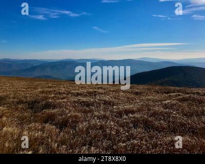 Blick in die Berge von Bieszczady, Berge, die in der Ferne in der Herbstaura sichtbar sind. Stockfoto