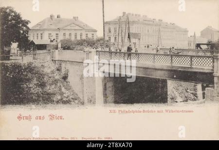 12th, Philadelphiabrücke - Blick in die Wilhelmstraße, Ansichtskarte, Sperlings Postkartenverlag (M.M.S.), Produzent, 1900-1905, Karton, Kollotype, Höhe x Breite 9 x 14 cm, 12. Bezirk: Meidling, Brücke, mit Menschen, Telegrafenmast, Telefonmast, die Wiener Sammlung Stockfoto