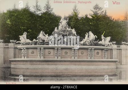 13., Schlosspark Schönbrunn - Neptunbrunnen, Ansichtskarte, Deutsch's Postkartenverlag, Produzent, 1900-1905, Pappe, handkoloriert, Kollotypie, Höhe x Breite 9 x 14 cm, Sehenswürdigkeiten, Habsburgs, Park, schöne Künste, 13. Bezirk: Hietzing, öffentliche Gärten, park, Zierbrunnen, Skulptur, Schloss Schönbrunn, Wiener Sammlung Stockfoto