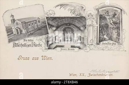 20., Allerheiligenplatz - 'die neue Allerheiligenkirche, Innenansicht, Hochaltarbild', Postkarte, unbekannt, 1905-1910, Pappe, Kollotype, Höhe x Breite 14x9 cm, 20. Bezirk: Brigittenau, Kirche (außen), Innenraum der Kirche, Innenraum  ein Gebäude darstellen., Wiener Sammlung Stockfoto