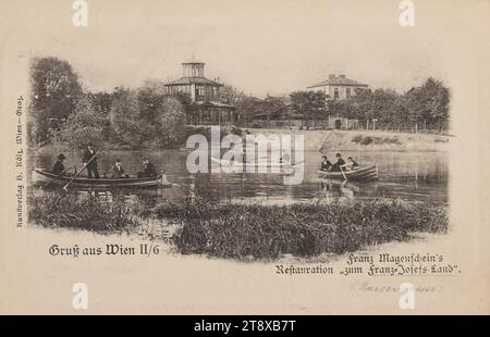 22., Franz-Josefs-Land (Alte Donau) - mit Franz Magenscheins Restaurierung "zum Franz-Josefs-Land", Ansichtskarte, Heinrich Kölz (NOI), Produzent, 1900-1905, Pappe, Reliefdruck, Kollotypie, Höhe x Breite 9 x 14 cm, Freizeit und Freizeit, Donau, Hotel- und Restaurantgeschäft, 22: Donaustadt, Ruderboot, Kanu usw. mit Menschen, Kanälen, Gewässern (in der Stadt), der Wiener Sammlung Stockfoto