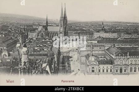 Wien, Panorama, Sperlings Postkartenverlag (M. M. S.), Produzent, 1900-1905, Karton, Kollotypie, Höhe x Breite 9 x 14 cm, Sehenswürdigkeiten, Universitäten, 1. Bezirk: Innenstadt, Rathaus, Kirche (außen), Straße, Dach (Haus oder Gebäude), mit Menschen, Wiener Sammlung Stockfoto