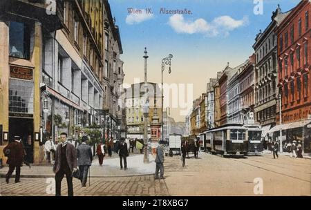 9., 8., Alser Straße - Blick von der Höhe lange Gasse in Richtung Gürtel, Ansichtskarte, Unbekannt, Datum um 1910, gestrichene Pappe, Autokromdruck, Höhe x Breite 9 x 14 cm, öffentlicher Verkehr, Verkehr und Verkehr, 9. Bezirk: Alsergrund, Straße, das übliche Haus oder eine Reihe von Häusern, Wohnung, Mehrfamilienhaus, Haus kombiniert mit Geschäft, Eisenbahn, Straßenbahn; Zahnradbahn, Straßenbeleuchtung, mit Menschen, Plakatsäule, Alser Straße, Wiener Sammlung Stockfoto